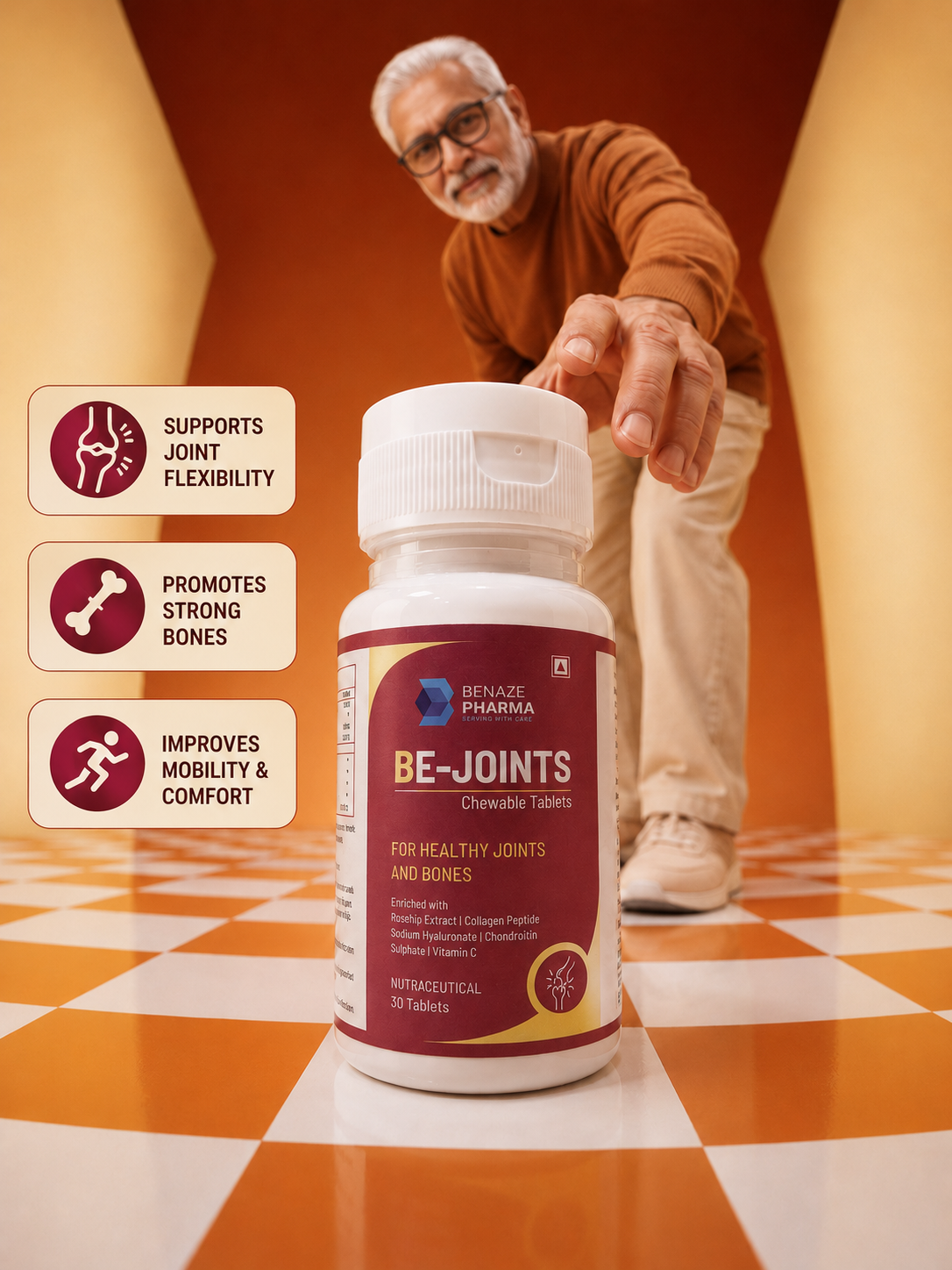 BENAZE PHARMA BE-JOINTS Chewable Tablets for Joint & Bone Health | 30 Tablets