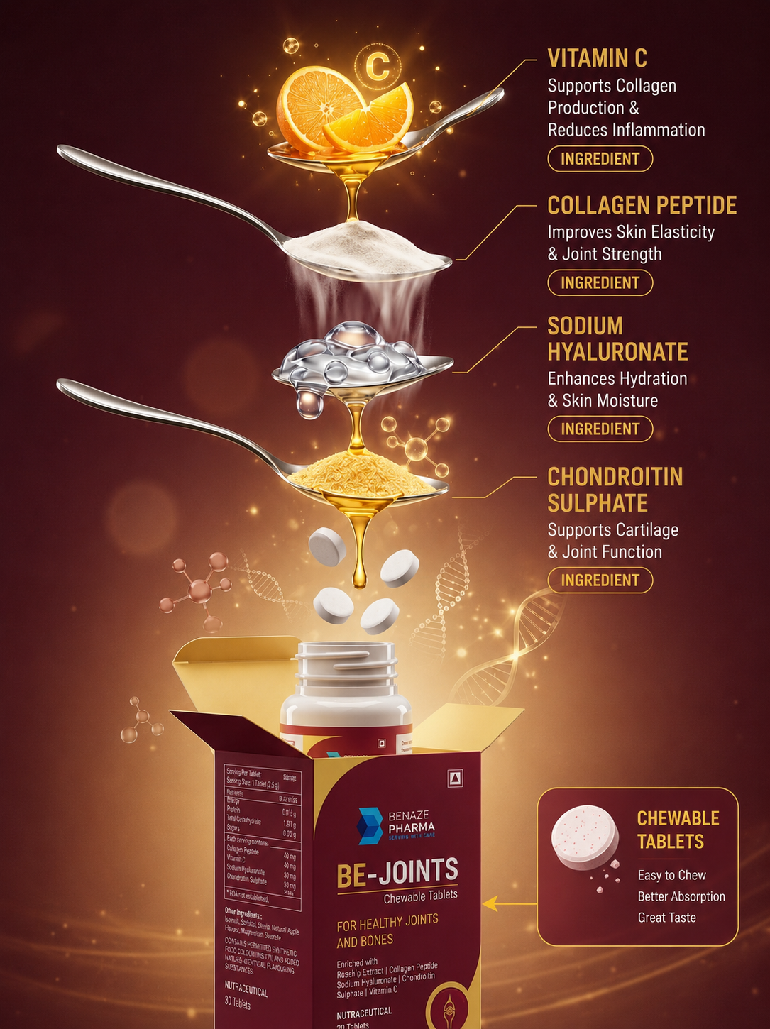 BENAZE PHARMA BE-JOINTS Chewable Tablets for Joint & Bone Health | 30 Tablets